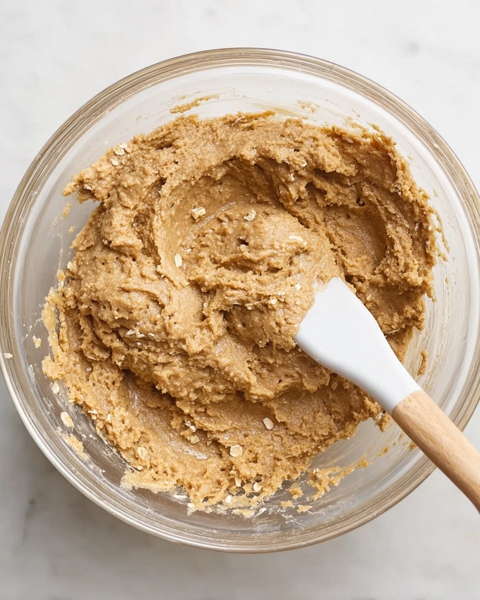 A clear glass bowl sits on a white marbled surface, filled with a thick, slightly rough mixture of light brown dough with visible bits of oats. A white spatula with a wooden handle is partially dipped into the dough, showing its soft and sticky texture. The dough’s color is consistent throughout with small clumps and ridges, and the bowl’s sides have some dough traces stuck to them. Photo taken with an iphone --ar 4:5 --v 7
