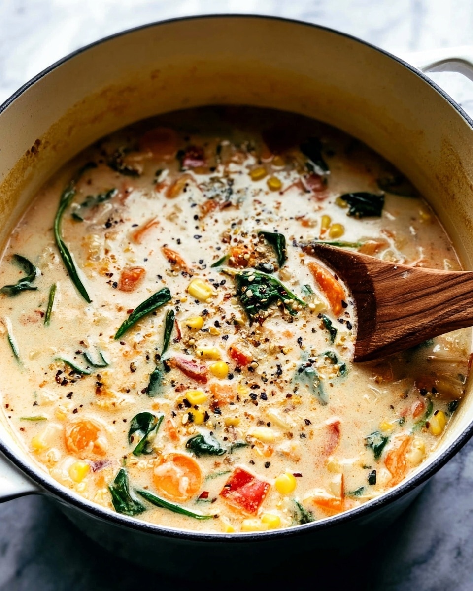 A thick creamy soup in a white pot with a wooden spoon inside. The soup has an off-white base with bits of orange carrots, green leafy spinach, yellow corn, and small bits of red peppers scattered throughout. There are tiny black pepper specks on top adding texture. The pot sits on a white marbled surface. photo taken with an iphone --ar 4:5 --v 7