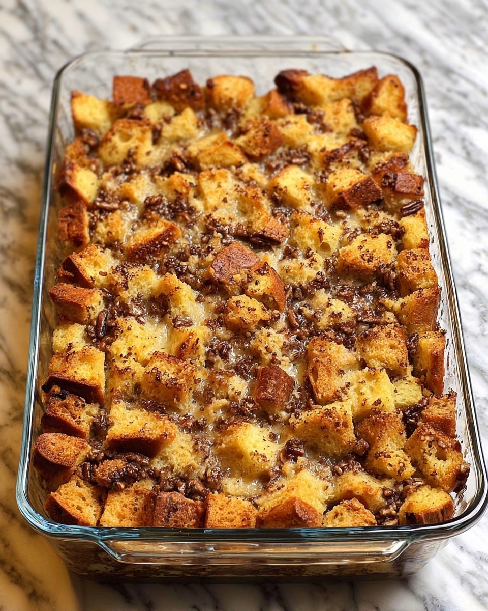 A clear rectangular glass baking dish filled with a baked bread pudding, showing several layers of toasted bread cubes in light golden brown and darker brown shades, mixed evenly with visible pieces of pecans throughout. The top layer has a slightly crusty texture with specks of cinnamon or similar spice scattered over it. The dish is placed on a white marbled surface photo taken with an iphone --ar 4:5 --v 7