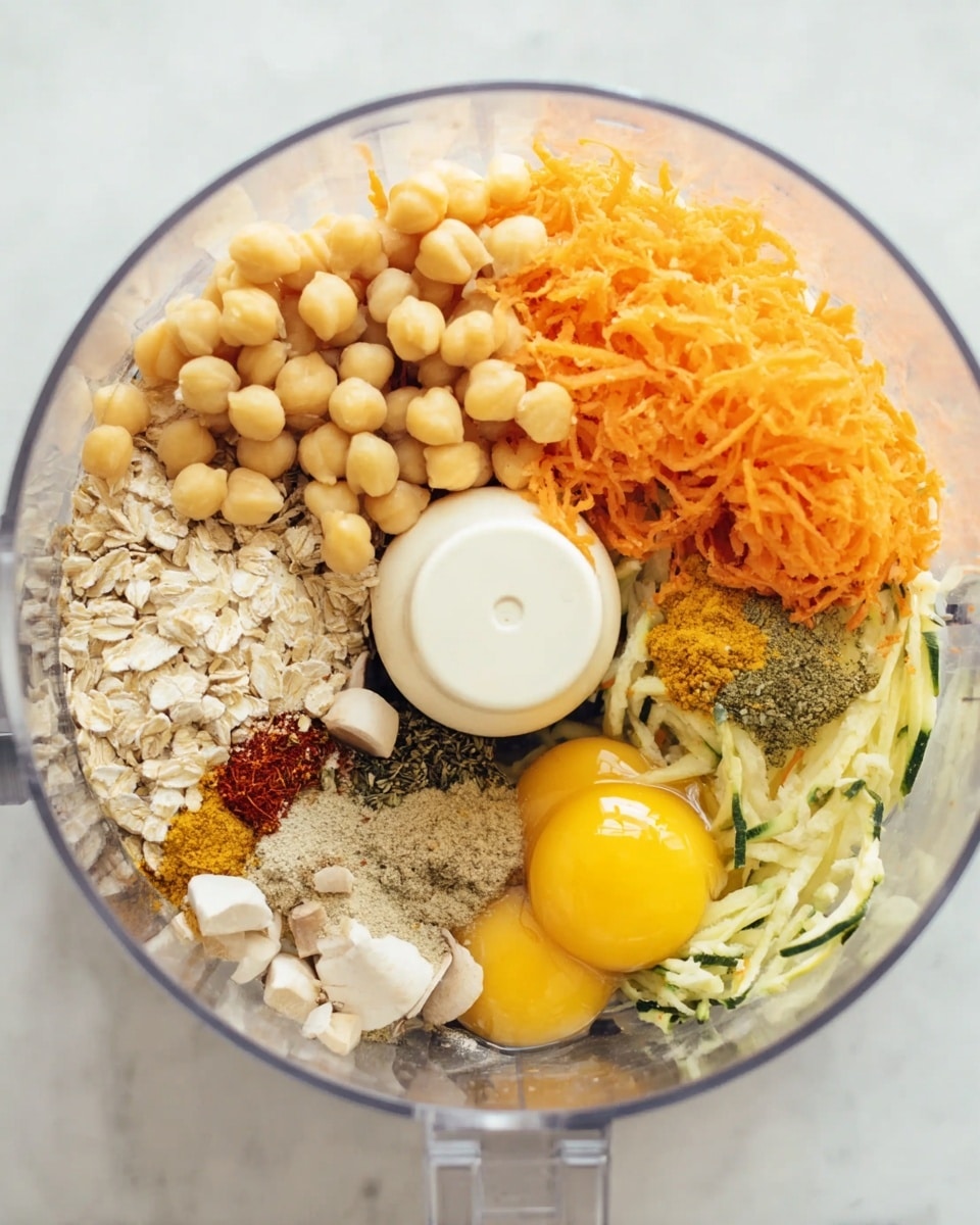 A clear food processor bowl filled with seven different ingredients arranged in sections: light beige chickpeas on the left, a pile of light oatmeal flakes next to them, two raw eggs with bright yellow yolks on the right, fresh orange shredded carrots mixed with thin green zucchini strips below the eggs, various dried herbs and red spices near the bottom left, and a few small white pieces of onion and mushrooms scattered around. All the ingredients have different textures, from smooth eggs to rough oats and soft vegetables. The food processor is placed on a white marbled surface. Photo taken with an iphone --ar 4:5 --v 7