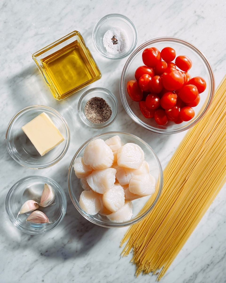 A white marbled surface holds several glass bowls and a pile of uncooked spaghetti noodles. In the top left is a square glass container filled with golden olive oil. Next to it is a small round glass bowl with salt and black pepper. To the right is a larger glass bowl filled with bright red cherry tomatoes. Below that is a round glass bowl with several white scallops, showing a soft and smooth texture. In the lower left corner, there is a tiny glass bowl with two cloves of garlic. To the right of the garlic bowl is a small glass bowl holding a square of pale butter. The long, uncooked spaghetti strands are on the right edge on the white marbled surface. Photo taken with an iphone --ar 4:5 --v 7