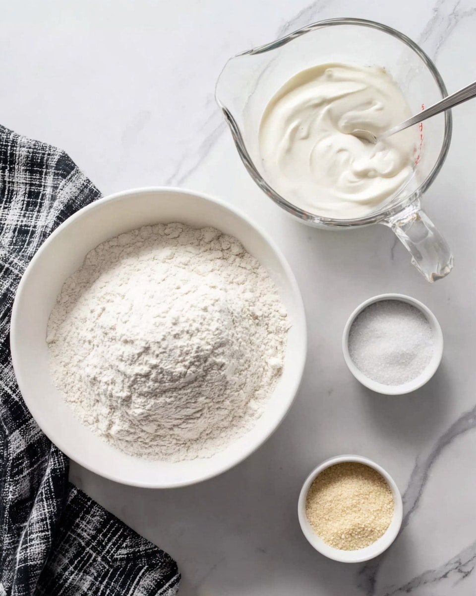 A white bowl filled with white flour sits on a white marbled surface, surrounded by three small white ramekins containing white and light tan powders and granules. To the upper right of the bowl, there is a clear glass measuring cup with a handle, filled with a thick white creamy substance and a spoon inside. A black and white checkered cloth is partially visible at the top left corner. photo taken with an iphone --ar 4:5 --v 7