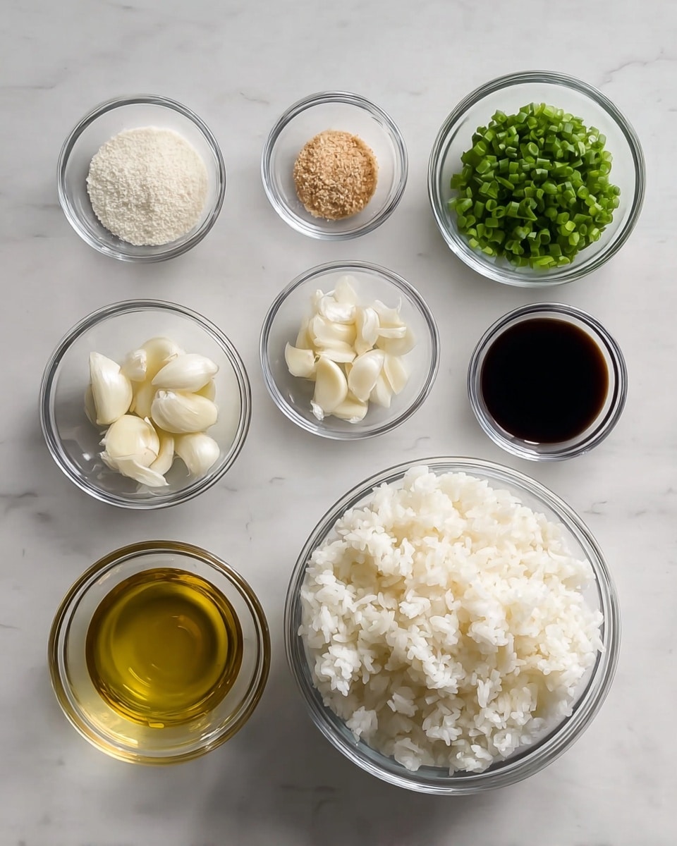 The image shows seven clear glass bowls arranged neatly on a white marbled surface. On the right side is a large bowl filled with fluffy white rice. To its left is a medium bowl holding a golden liquid, likely oil. Above that is a smaller bowl containing peeled garlic cloves, while next to it is a bowl with finely chopped green onions. Above the garlic are three small bowls in a row: the first one holds a white granular substance, the second has a light brown powder, and the third contains a dark liquid, probably soy sauce. The bowls are well spaced and the overall look is clean and organized. Photo taken with an iphone --ar 4:5 --v 7