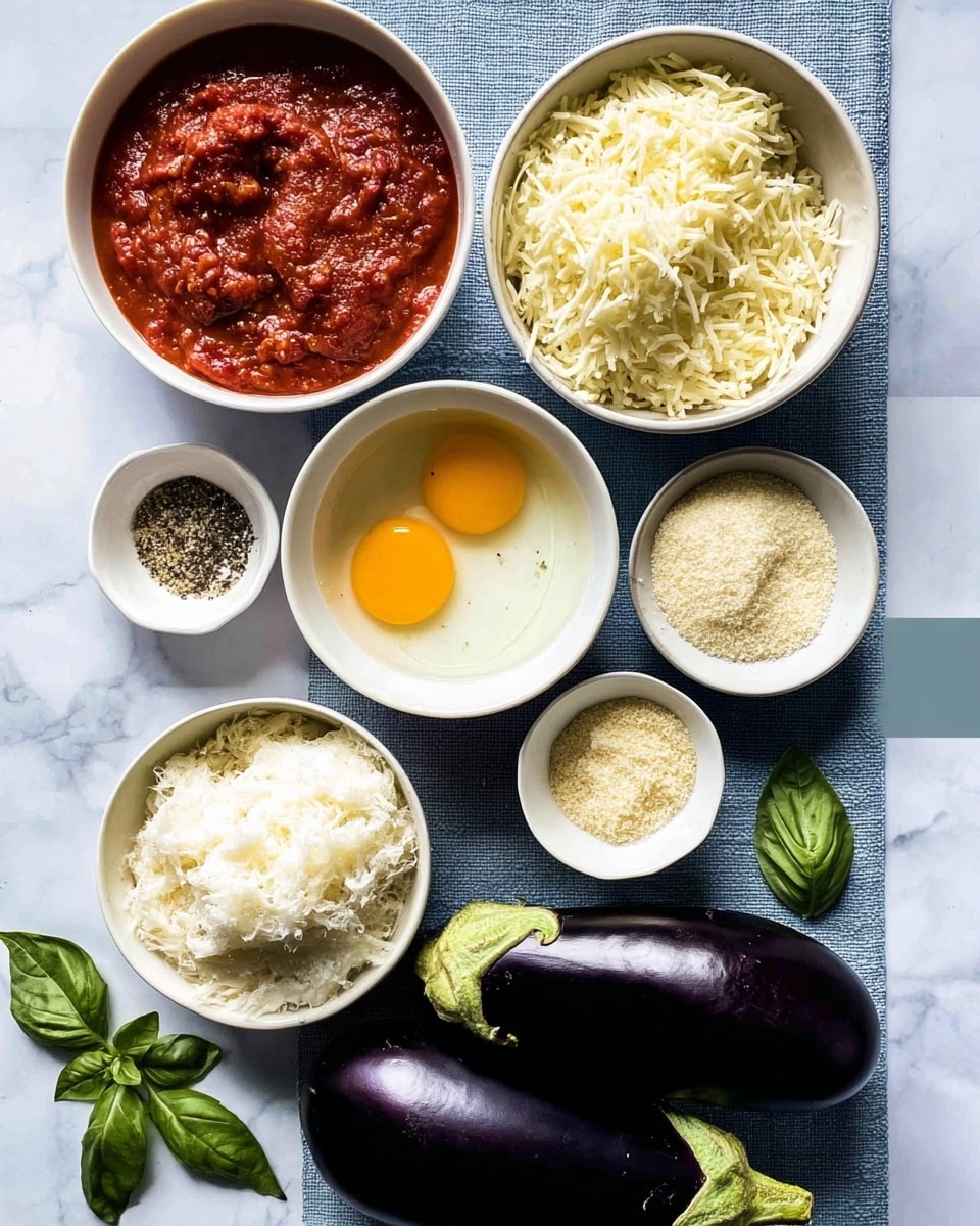 The image shows ingredients for cooking arranged neatly on a white marbled surface with a blue textured cloth underneath some bowls. In the center at the bottom, two dark purple eggplants with green tops lay side by side. Above the eggplants, there is a medium white bowl filled with two raw yellow egg yolks in clear egg white. To the left, a small white bowl holds a thick red tomato sauce with little bits of texture. Above it, a small white bowl contains a mix of black pepper, salt, and a light beige powder. To the right of the eggs, a medium white bowl filled with shredded white cheese curls sits. Below this, a white bowl is filled with grated pale yellow cheese, and next to it is a white bowl with a heap of fine white breadcrumbs. Fresh green basil leaves add a pop of color near the top left corner. The scene looks fresh and organized, ready for cooking photo taken with an iphone --ar 4:5 --v 7