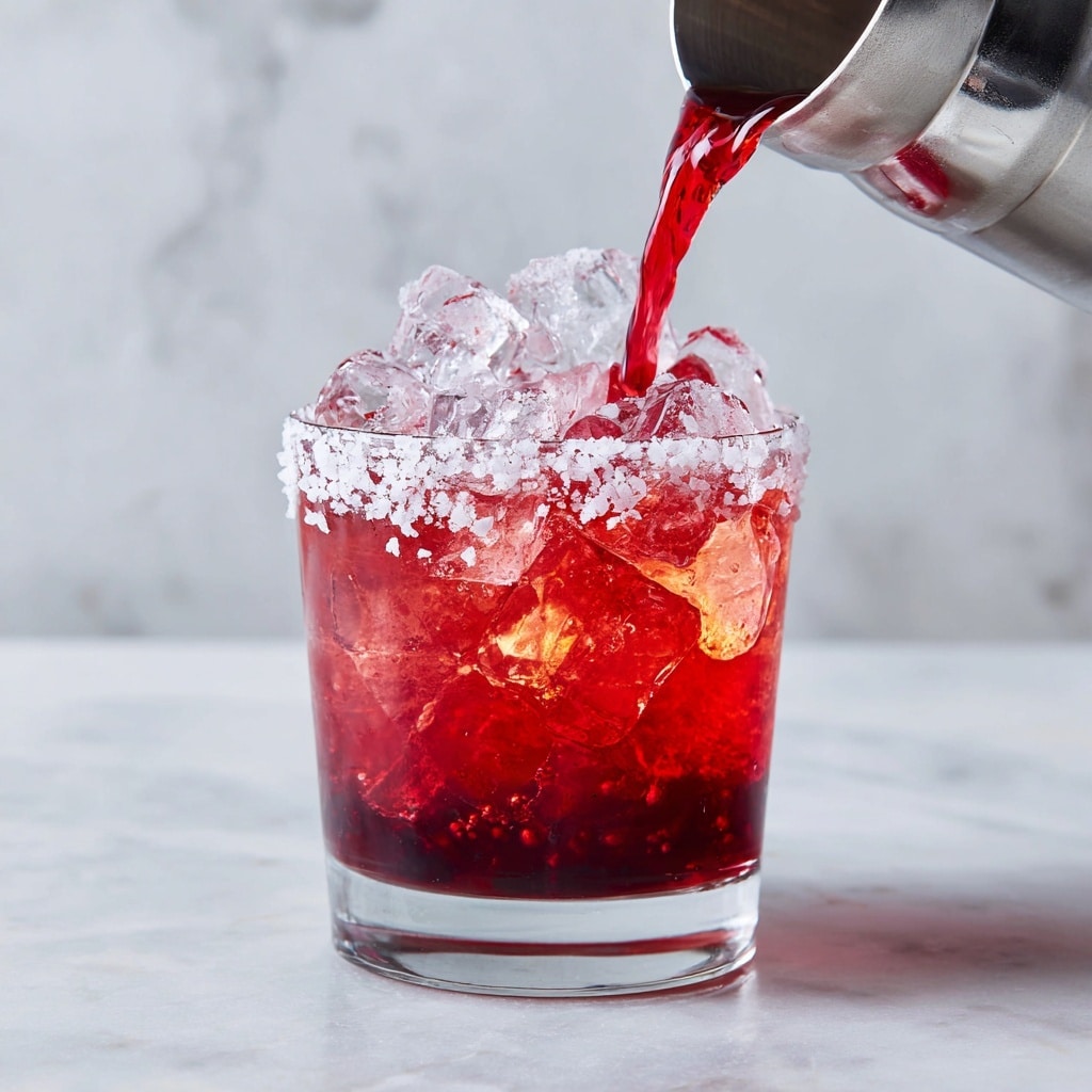 A clear glass filled with large, clear ice cubes shows a red liquid being poured into it from a metal shaker, creating a mix of light and deeper red hues at the bottom and middle of the drink. The glass rim is coated with a layer of coarse white salt, and the entire scene sits on a white marbled surface. The background is also a soft white marble texture, giving a fresh and clean look to the image. In the top left corner, a black circle with the white number