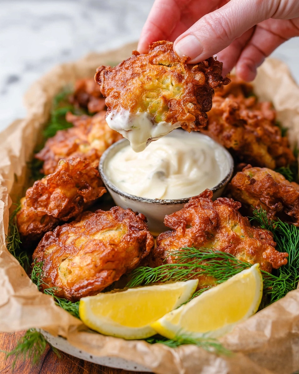A woman's hand holds a golden brown, crispy fritter dipped in creamy white sauce. The fritters have a bumpy, uneven texture with some darker browned spots and are stacked in a white dish lined with brown paper. There are fresh green dill sprigs under the fritters, adding a touch of color. Slices of bright yellow lemon are placed beside the sauce bowl, which is smooth and thick, sitting on the side of the dish. The background is a white marbled texture. photo taken with an iphone --ar 4:5 --v 7