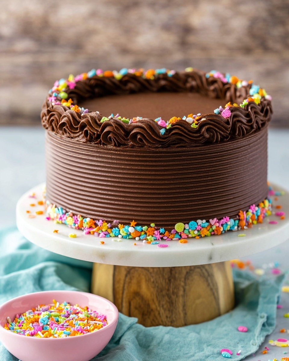The image shows a round chocolate cake with three visible layers: a smooth, dark brown chocolate base layer with horizontal ridges, a second layer of thick, swirled chocolate frosting along the top edge, and a flat chocolate frosting top surface. Brightly colored round and star-shaped sprinkles in pink, orange, yellow, green, blue, and white decorate the swirled frosting border and are also scattered around the base of the cake on the white marble cake stand. A pink bowl filled with additional sprinkles sits off to the side on a light blue cloth. The cake is placed on a wooden pedestal with visible wood grain textures. Photo taken with an iphone --ar 4:5 --v 7