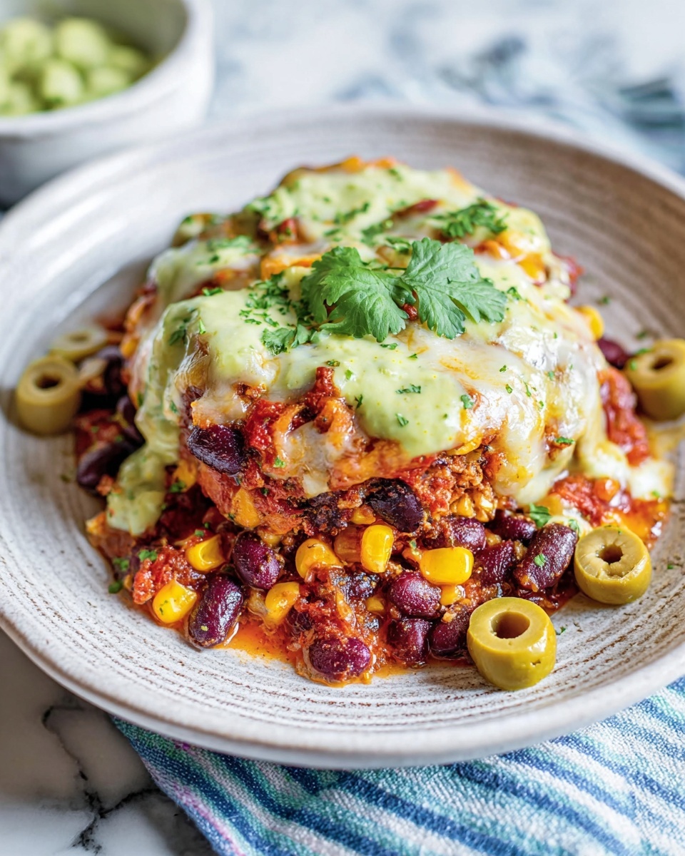 The dish is presented on a textured white plate, showing a layered mix of colorful ingredients. The bottom layer has a red sauce with visible pieces of bright yellow corn and green chopped herbs. On top of this, there is a layer filled with dark red kidney beans and chunks of melted white cheese, giving a slightly browned texture. Scattered green olives surround the main portion. The top is covered with a creamy light green sauce, garnished with small sprigs of green cilantro. The plate rests on a blue and white striped cloth on a white marbled surface. Photo taken with an iphone --ar 4:5 --v 7
