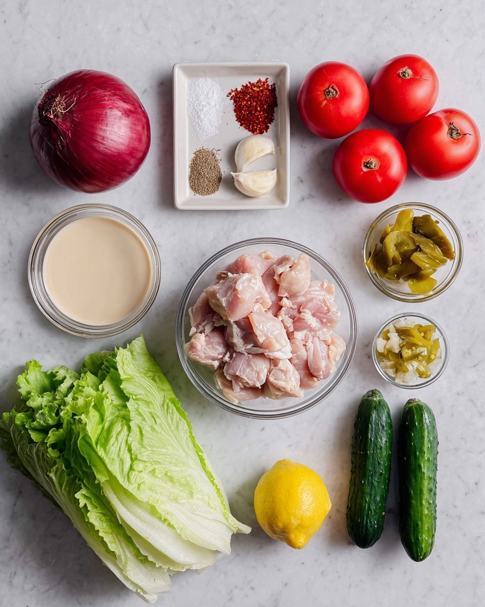 The image shows fresh ingredients neatly arranged on a white marbled surface. There is a whole red onion at the top left, followed by a small white dish with several spices including red chili flakes, a brown powder, and salt. Below these are three red tomatoes, a small glass bowl with three cloves of garlic, and another glass bowl filled with a creamy beige liquid. At the center, there is a clear glass bowl holding small pieces of raw chicken with light pink and white tones. To the right of the chicken are a lemon and a small glass bowl with chopped pickled peppers. Next to them are two small dark green cucumbers, and on the far right, a bunch of fresh green romaine lettuce leaves stacked together. The overall look is clean and organized. photo taken with an iphone --ar 4:5 --v 7