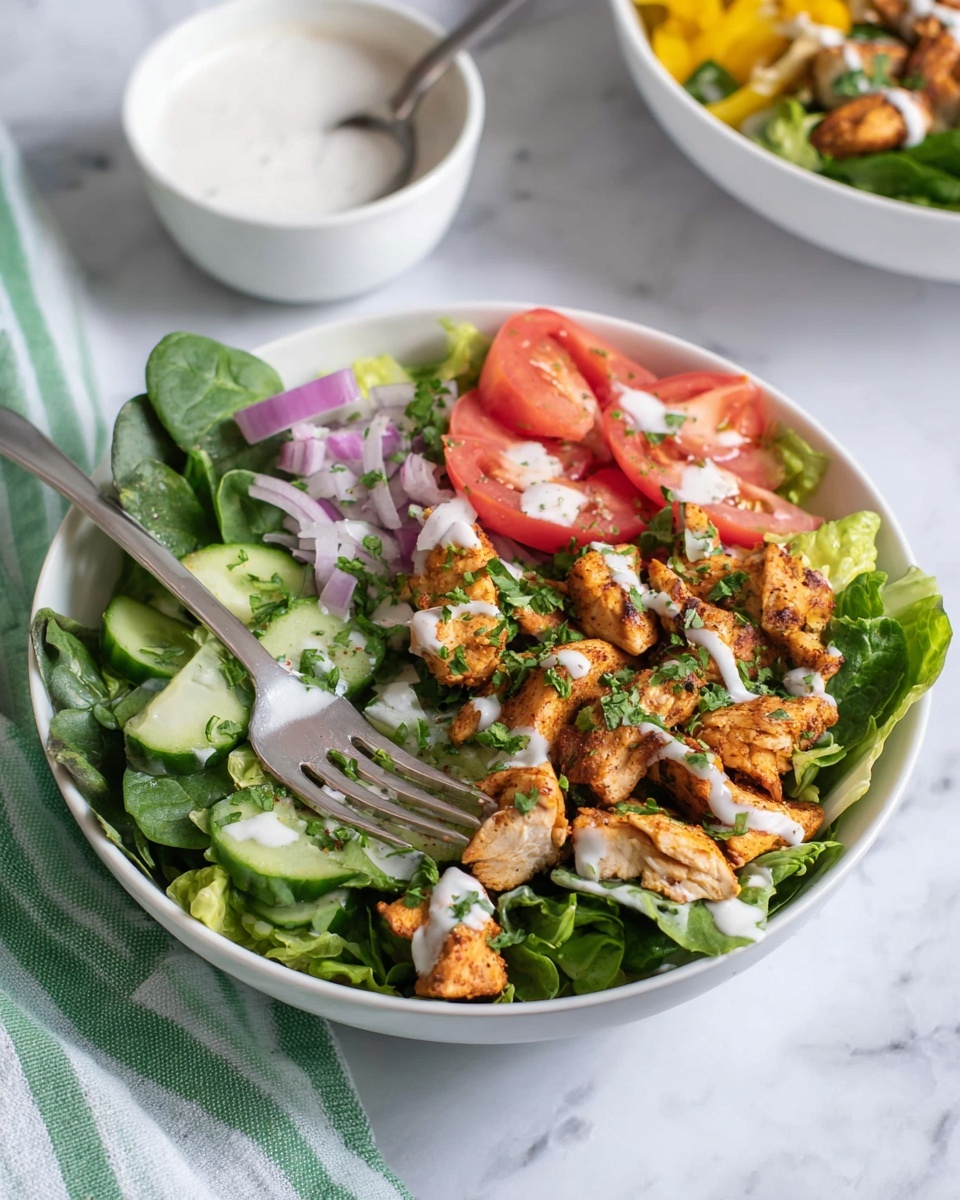 A white bowl filled with a fresh salad stacked in three layers: the bottom layer has dark green spinach and lighter green leafy lettuce, the middle layer holds bright green cucumber slices, red tomato chunks, thin purple onion strips, and yellow pepper rings, and the top layer features golden brown cooked chicken pieces sprinkled with finely chopped green herbs and drizzled with white creamy dressing. A silver fork is placed in the bowl with its tines holding a bite of lettuce and chicken. Behind it, there is a small white bowl with white sauce and a spoon inside, all on a white marbled surface with a green-striped cloth nearby. Photo taken with an iphone --ar 4:5 --v 7