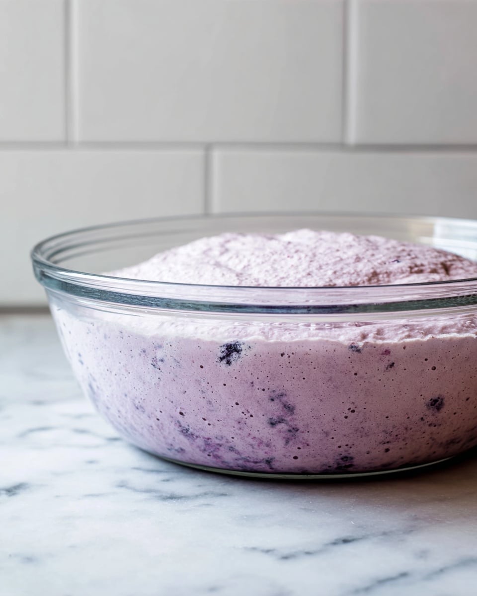 A clear glass bowl sits on a white marbled surface filled with a pale purple dough that has risen, showing a spongy texture with small bubbles throughout. The dough is thick, fluffy, and has darker purple spots scattered inside, indicating mixed-in ingredients. The bowl is about half full with the dough rising above the middle, with a smooth curved edge at the top. In the background, a simple tiled wall adds a neutral tone. photo taken with an iphone --ar 4:5 --v 7