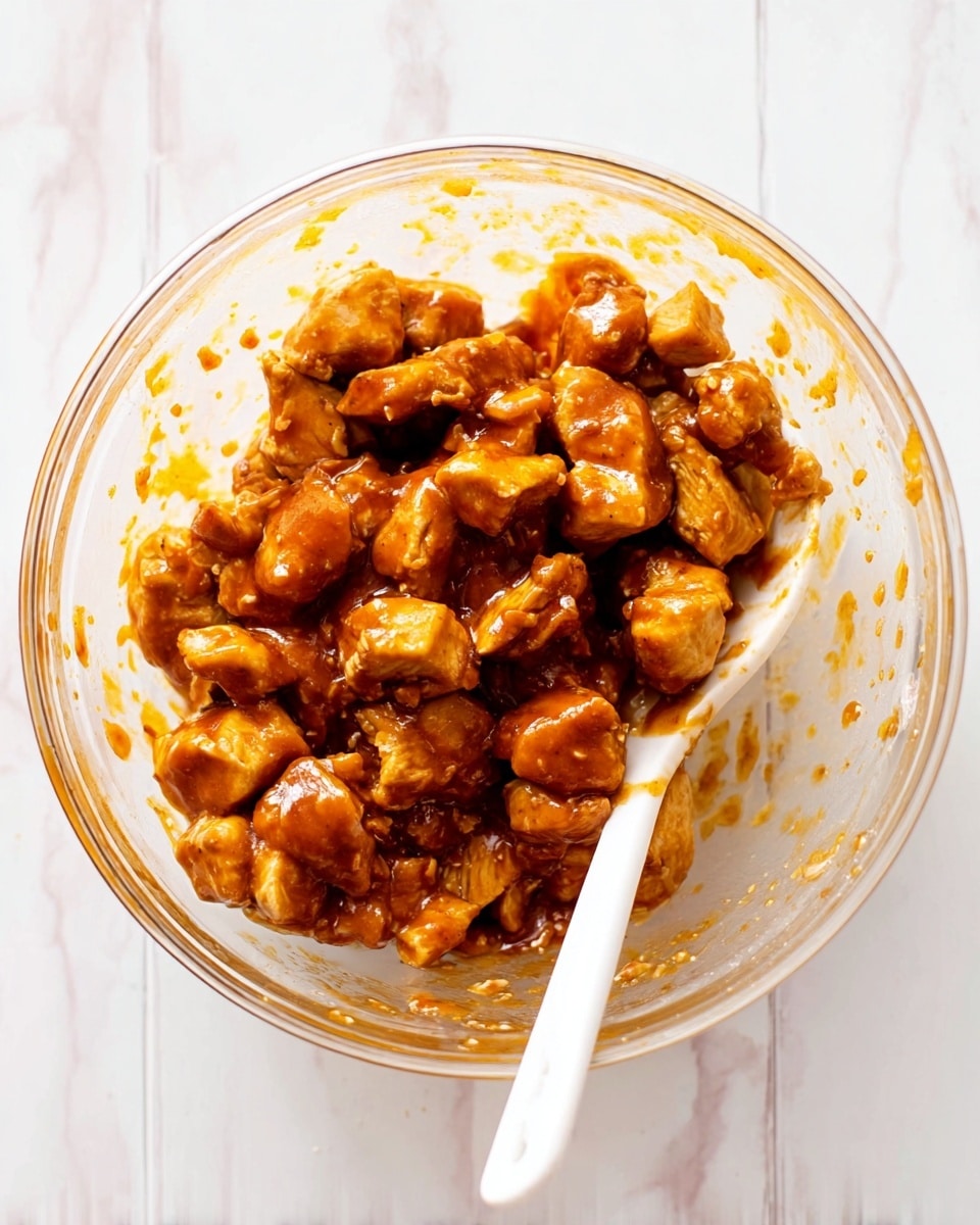 A clear glass bowl filled with roughly chopped pieces of light brown chicken coated in a thick, shiny, reddish-brown sauce. A white spoon is partially buried on the right side of the bowl with some sauce on it. The bowl is sitting on a white marbled surface, and some sauce splatters are visible on the inside walls of the bowl. Photo taken with an iphone --ar 4:5 --v 7
