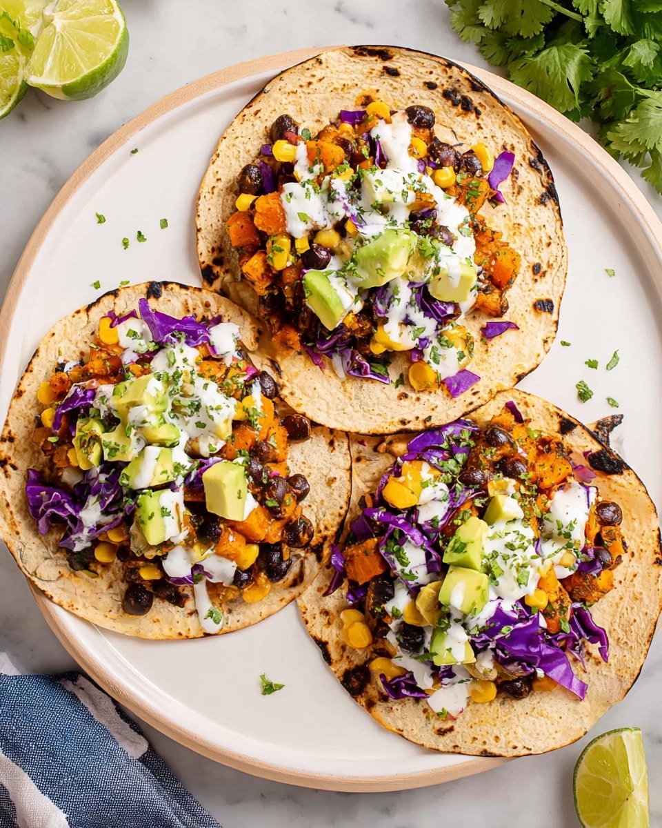 Three soft, lightly charred tortillas lie on a white plate on top of a white marbled surface. Each tortilla is topped with a colorful mix of diced orange sweet potatoes, yellow corn kernels, and dark black beans, creating a textured base layer. Scattered purple cabbage pieces add a bright contrast and crunchy look. Small cubes of green avocado sit on top, along with a drizzle of creamy white sauce, sprinkled with chopped green herbs. To the side, fresh lime and cilantro leaves add a fresh touch. Photo taken with an iphone --ar 4:5 --v 7