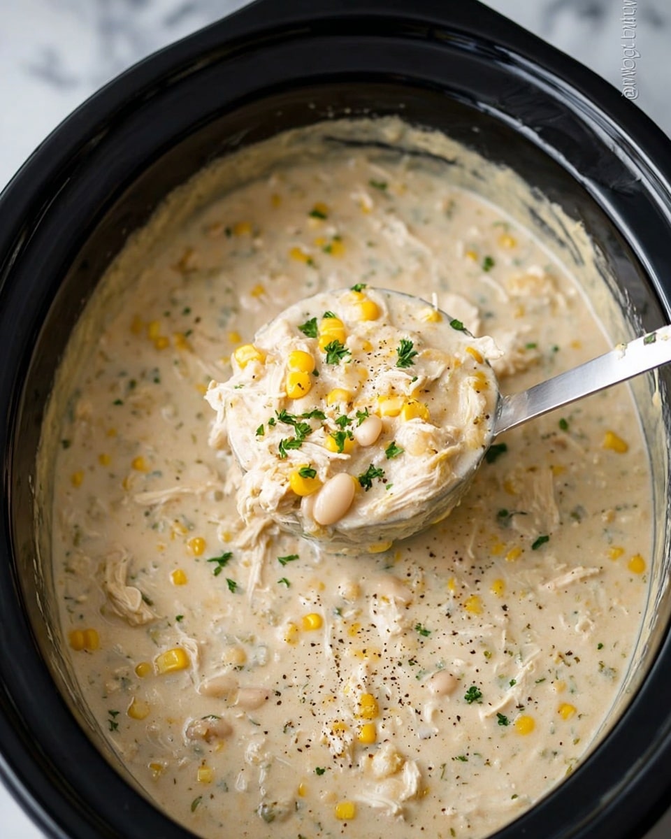 The image shows a creamy soup inside a black slow cooker, with a silver ladle scooping a portion. The soup has a pale, creamy base filled with visible pieces of shredded white meat, yellow corn kernels, white beans, and small green herb bits scattered throughout. The texture looks thick and chunky, with black pepper specks on top. The background features a white marbled texture. photo taken with an iphone --ar 4:5 --v 7