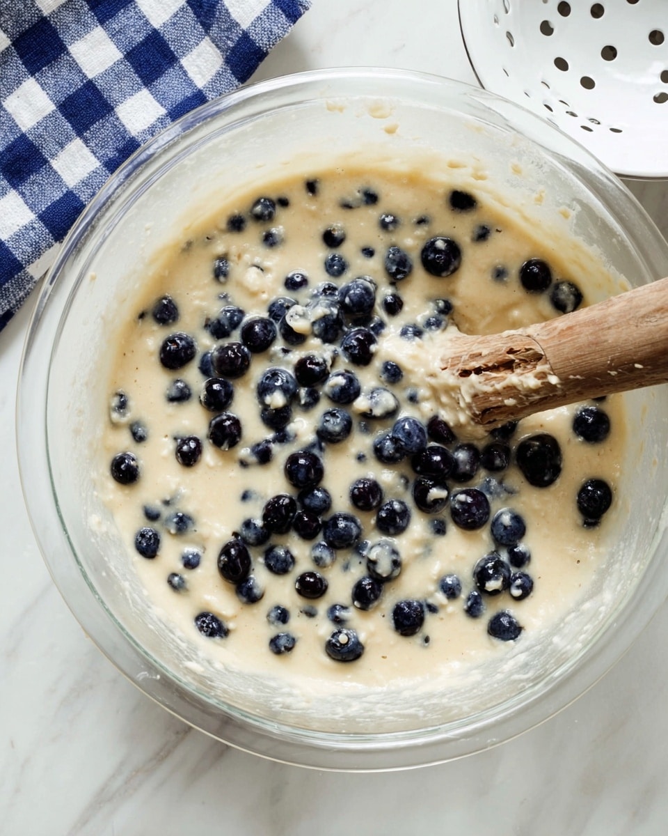 A clear glass bowl holds light beige batter mixed with many small, dark blue blueberries spread throughout. A wooden spoon with a rough texture rests in the batter, partly submerged and covered with batter near the top, extending out of the bowl. The bowl is placed on a white marbled surface with a blue and white checkered cloth nearby, and a white colander with holes is visible in the upper right corner. photo taken with an iphone --ar 4:5 --v 7