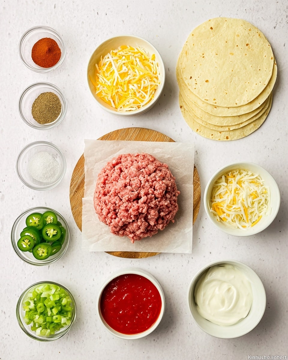 The image shows a white marbled surface with cooking ingredients neatly arranged. In the center right, there are three light yellow tortillas stacked. Below the tortillas, a mound of raw ground meat with a pinkish color rests on a round wooden board lined with parchment paper. To the right of the meat, there's a white bowl filled with shredded yellow and white cheese. On the left side, there are four small clear bowls stacked vertically, with different ground spices in red, brown, and yellow shades, and one with salt. Below these spices, a white bowl with sliced green jalapeño peppers sits next to another bowl with chopped light green onions. Below these, two more white bowls hold chunky red salsa and creamy white sour cream. The image is bright and clean, with all the elements spaced evenly. Photo taken with an iphone --ar 4:5 --v 7
