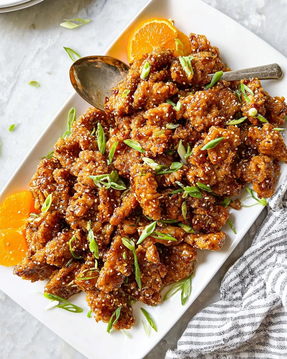 A large white rectangular plate holds a pile of golden-brown fried pieces coated in a shiny sticky sauce, sprinkled with white sesame seeds and scattered with fresh green sliced scallions. Underneath and around the edges of the fried pieces are thin bright orange slices adding a splash of color. A silver spoon rests on the left side of the plate, partially under the fried pieces. The plate is set on a white marbled surface with a striped cloth nearby. Photo taken with an iphone --ar 4:5 --v 7