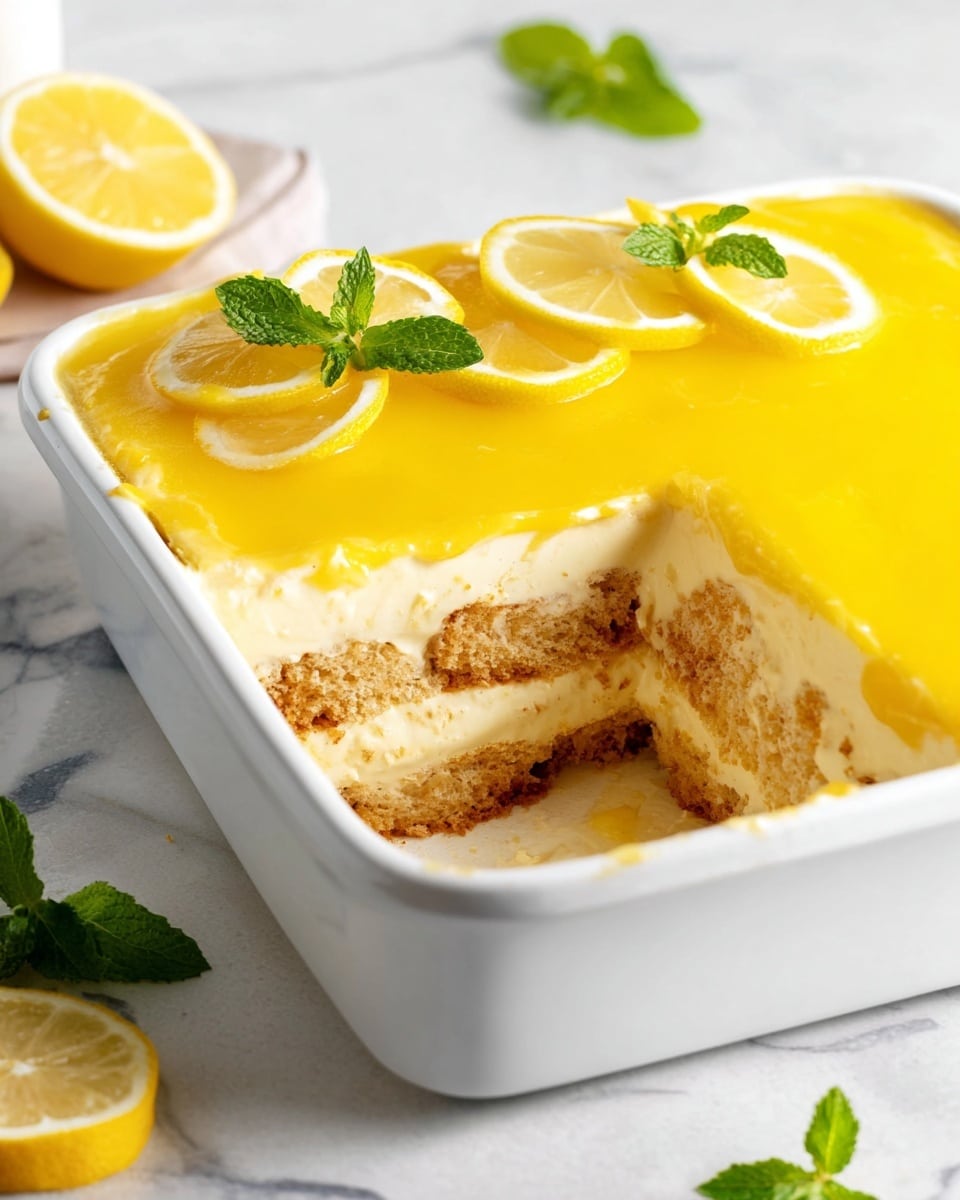 The image shows a lemon dessert in a white square baking dish with three visible layers. The bottom two layers consist of light brown sponge cake soaked slightly, while the third layer is a thick, creamy light yellow filling. The dessert is topped with a smooth, bright yellow lemon glaze, decorated with thin lemon slices and fresh green mint leaves near the top left corner. The dish sits on a white marbled surface, with a lemon wedge and mint leaves nearby. photo taken with an iphone --ar 4:5 --v 7