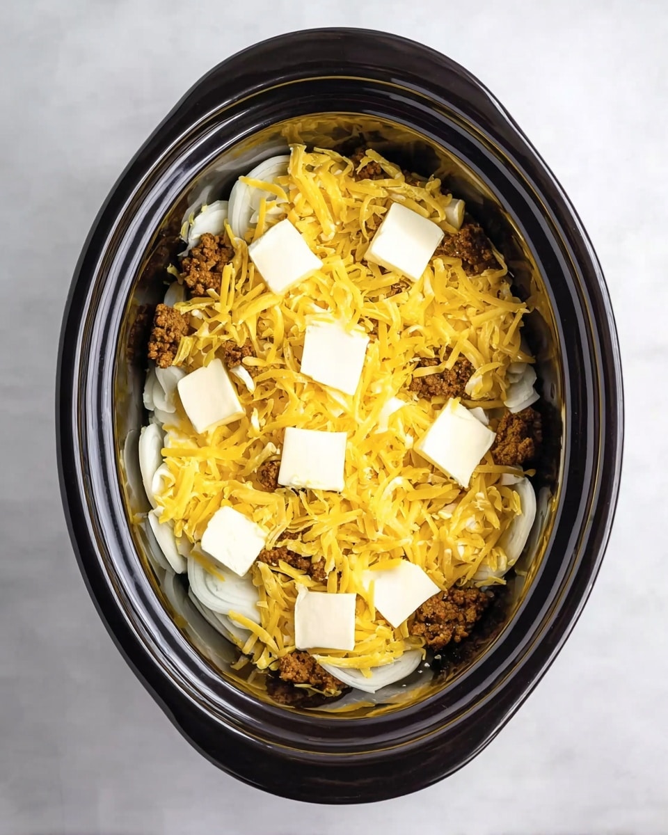 An oval black slow cooker is filled with three visible layers. The bottom layer consists of thick slices of white onion spread evenly. The second layer is made of small, rough pieces of brown meat placed on top of the onions. The top layer shows shredded bright yellow cheese scattered all over, with several small square pats of white butter placed on top. The slow cooker sits on a white marbled surface. Photo taken with an iphone --ar 4:5 --v 7