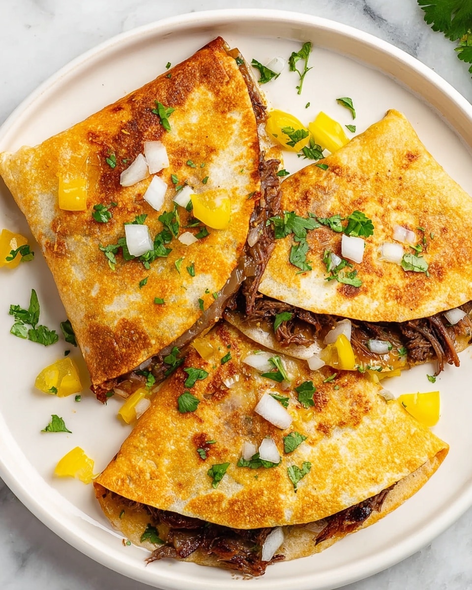 Three folded golden-brown quesadillas are placed on a white plate on a white marbled surface. Each quesadilla shows a slightly crispy texture with some darker spots. Inside, dark shredded meat is visible peeking from the edges along with cooked onion pieces. On top of the quesadillas and around the plate are small white onion cubes, fresh chopped green cilantro, and bright yellow pepper slices, adding a fresh and colorful touch. photo taken with an iphone --ar 4:5 --v 7