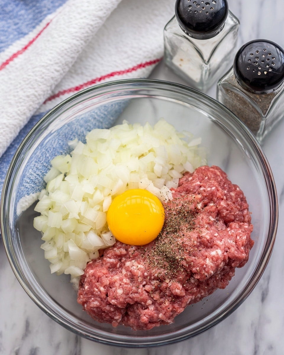 A clear glass bowl sits on a white marbled surface, holding three main layers of ingredients arranged side by side: on the left is a pile of finely chopped white onions with a soft, slightly wet texture; in the middle, a whole bright yellow raw egg yolk resting on top of a dark pink ground meat layer that makes up the right side of the bowl, showing a slightly coarse texture. The ground meat and onions are lightly sprinkled with small black pepper dots. In the background, two transparent spice containers with black lids, one filled with salt and the other with black pepper, sit on a white cloth with blue and red stripes along the edge. photo taken with an iphone --ar 4:5 --v 7