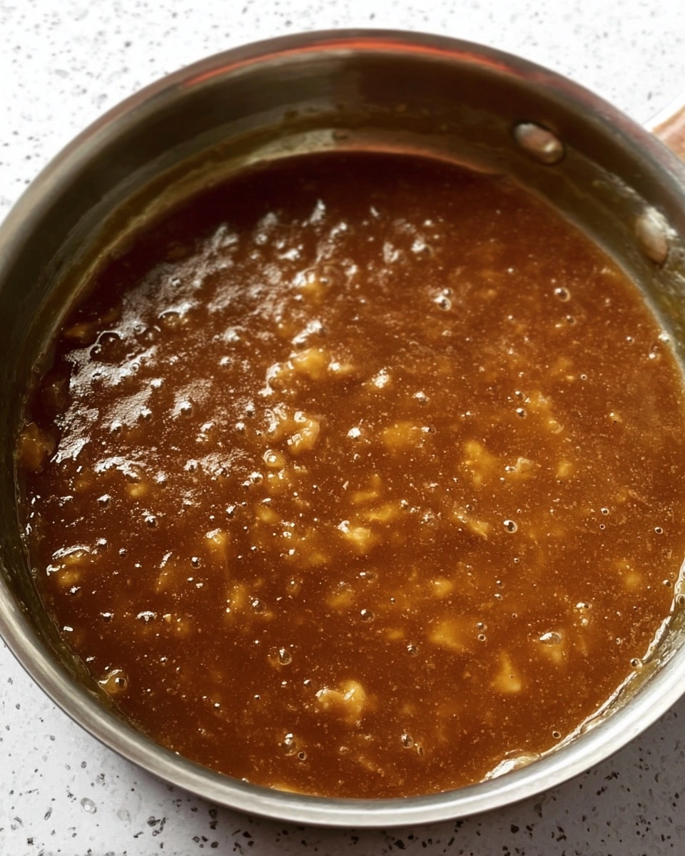 A close-up image of a shiny metal pan filled with a thick, brown sauce with visible chunks in it, giving a slightly lumpy texture. The sauce has a glossy surface with small bubbles, and the pan's inside shows some sauce splashes and streaks. The background is a white marbled texture. photo taken with an iphone --ar 4:5 --v 7