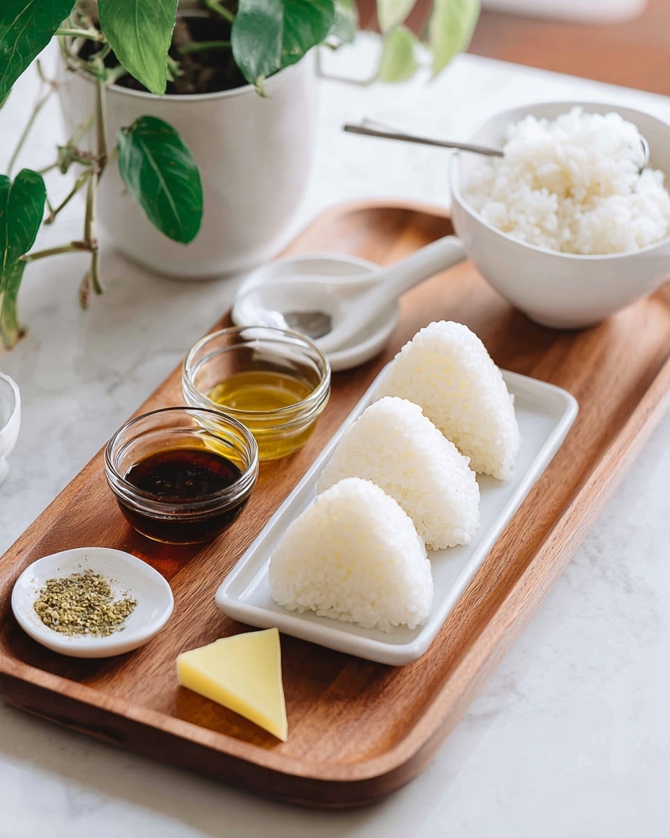 The image shows a wooden tray on a white marbled surface, holding a white rectangular plate with three white, triangular rice balls lined up in the center. On the left side of the tray, there are two small clear glass bowls with dark brown and light golden sauces, and a small white bowl with green and beige seasoning. On the right side of the tray, there is a small triangular white container with a yellow lid placed beside it. In the background, a white bowl with white rice and a spoon inside is visible. A green leafy plant in a white pot sits on the surface behind the tray. photo taken with an iphone --ar 4:5 --v 7