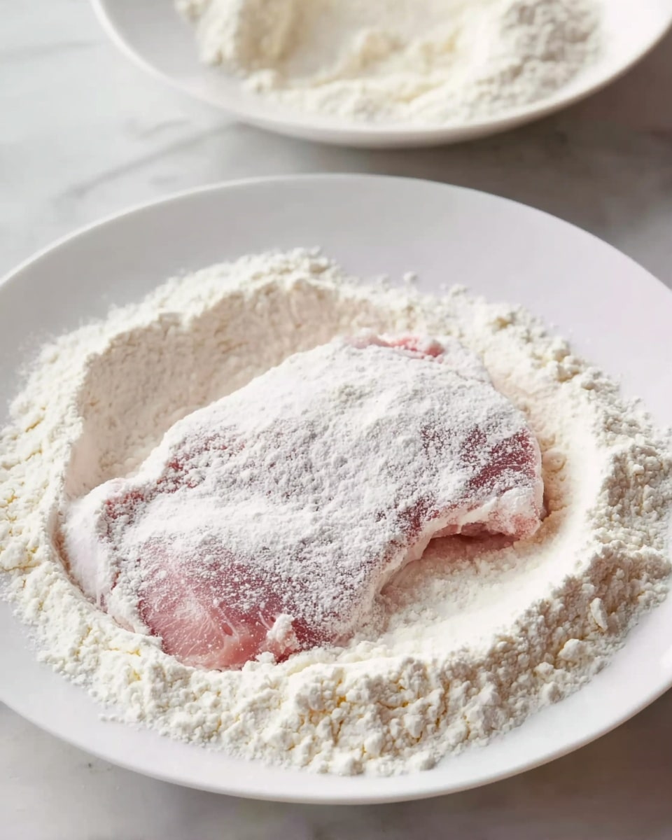 A white plate with a single raw piece of meat lying flat in the center, covered lightly with white flour. The plate holds a shallow pile of loose flour around the meat, showing soft and powdery texture. The background is a white marbled surface, and a part of another white plate with flour is seen blurred in the top corner. The light is bright, making the flour look soft and fluffy with small clumps on the meat. photo taken with an iphone --ar 4:5 --v 7