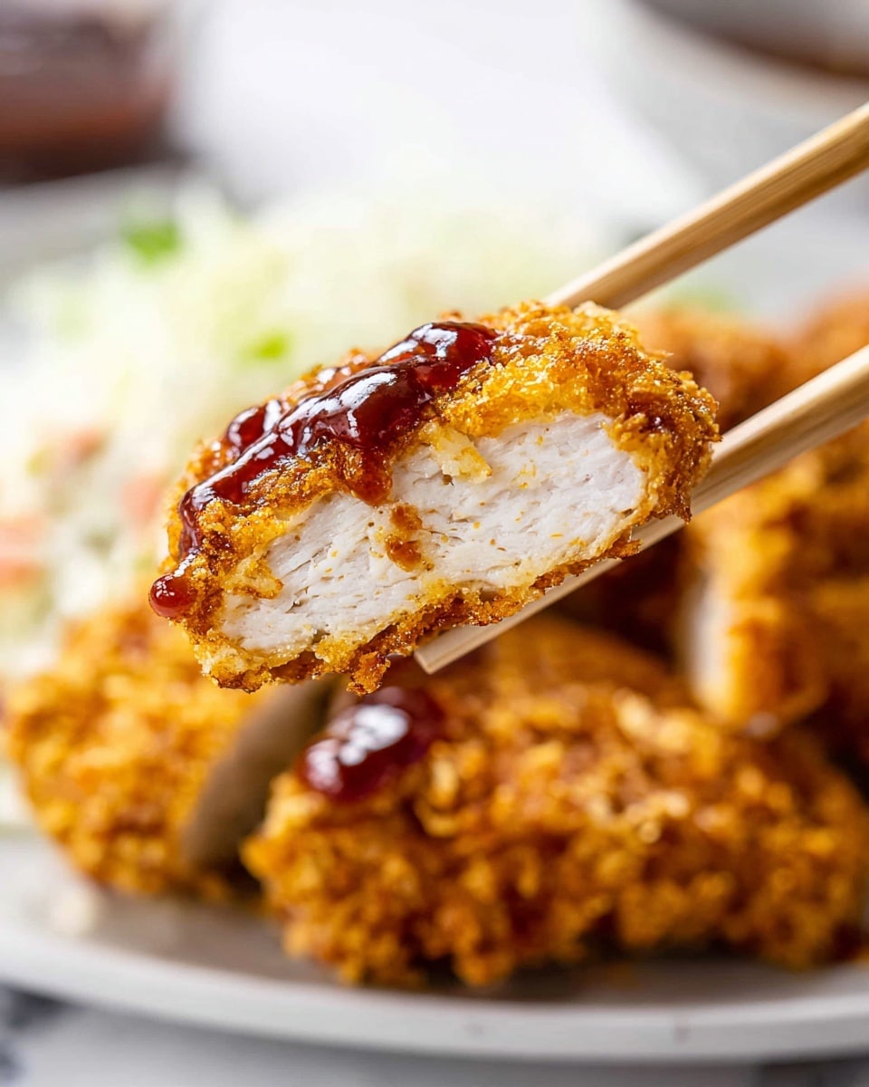 A piece of golden-brown crispy fried chicken is held by chopsticks close to the camera, showing its inside white tender meat and crispy crunchy coating with a drizzle of shiny dark brown sauce on top. In the background, on a white plate with a white marbled surface, there is more fried chicken and a small portion of creamy coleslaw with visible green bits. The colors are warm with a sharp focus on the chicken piece and a soft blurred background. Photo taken with an iphone --ar 4:5 --v 7