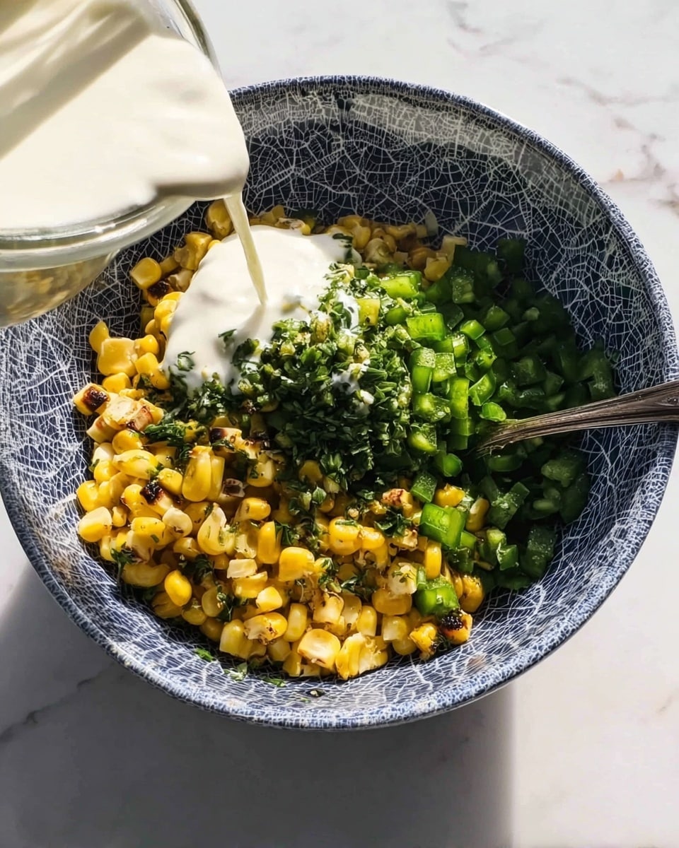 A bowl with a blue and white cracked pattern holds four layers of ingredients: at the bottom, yellow grilled corn pieces with some browned spots; above the corn is a layer of bright green chopped green peppers; on top of that, finely chopped green herbs and a small amount of minced garlic; finally, a thick white creamy sauce is being poured on one side. A metal spoon is partially inside the bowl, and the bowl is placed on a white marbled surface. photo taken with an iphone --ar 4:5 --v 7