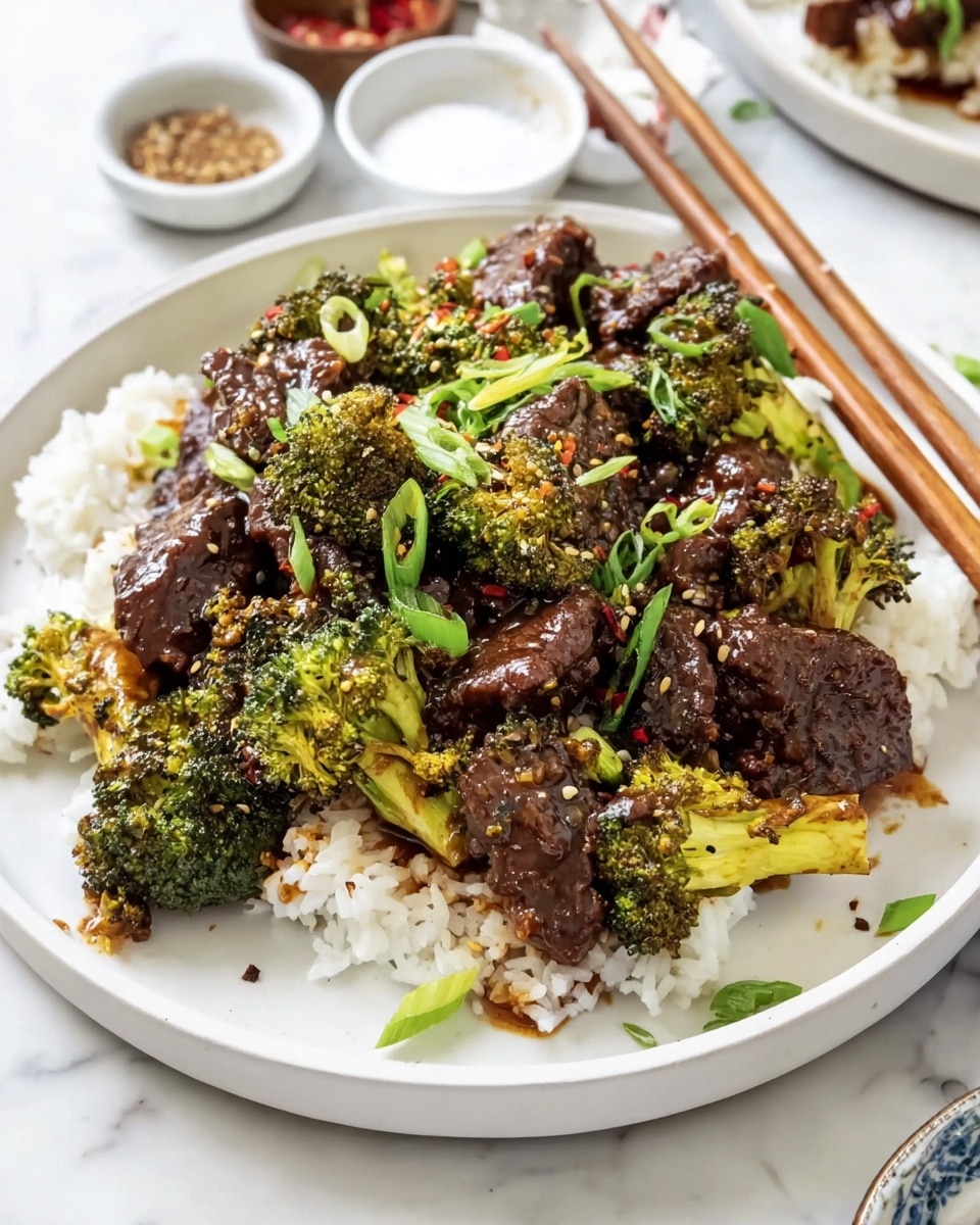 On a white plate, there is a bed of white rice as the bottom layer. On top of the rice, there are many pieces of dark brown glazed beef, each piece looking tender and shiny. Roasted green broccoli florets with some crispy, slightly blackened edges are mixed with the beef. The dish is topped with small, bright green pieces of chopped scallions and sprinkled with a few white sesame seeds. The plate rests on a white marbled surface, with a pair of wooden chopsticks placed above the plate and small white bowls filled with spices and salt in the background. Photo taken with an iphone --ar 4:5 --v 7