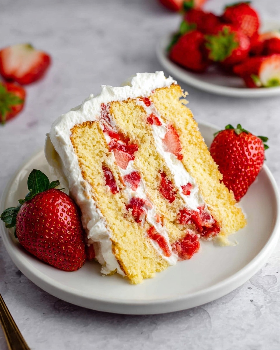 A slice of strawberry shortcake with three thick layers of light yellow sponge cake, each separated by white whipped cream mixed with fresh, bright red strawberry pieces. The cake slice is surrounded by whole and halved strawberries on a white plate, all set on a white marbled surface. The whipped cream is softly spread around the sides of the cake, and one halved strawberry is placed on the right side of the slice, partially covered by cream. photo taken with an iphone --ar 4:5 --v 7
