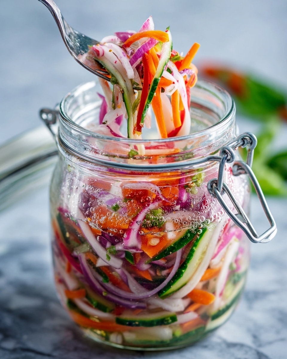 A clear glass jar filled with layers of thinly sliced vegetables including white radishes with red edges, orange carrots, bright green cucumbers, and purple onions, all mixed together and soaking in a light liquid. A silver fork lifts a small bunch of these colorful, long vegetable strips from the jar. The background is a white marbled texture with a few green leaves blurred out in the corner. The glass jar has metal clasps and droplets of water on the outside, giving a fresh look. Photo taken with an iphone --ar 4:5 --v 7
