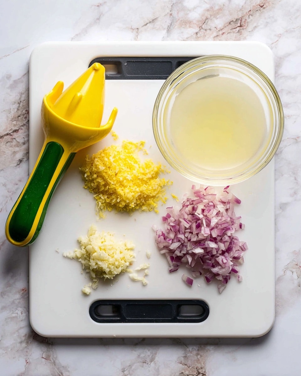 On a white cutting board with black handles set on a white marbled surface, there is a yellow and green citrus squeezer positioned on the left side. On the board near the center, there are three piles: one of finely grated yellow zest at the top center, a small mound of finely chopped garlic in the middle left, and a larger heap of finely chopped red onion on the right side. At the top right corner of the cutting board, there is a clear glass bowl filled with light yellow liquid. photo taken with an iphone --ar 4:5 --v 7