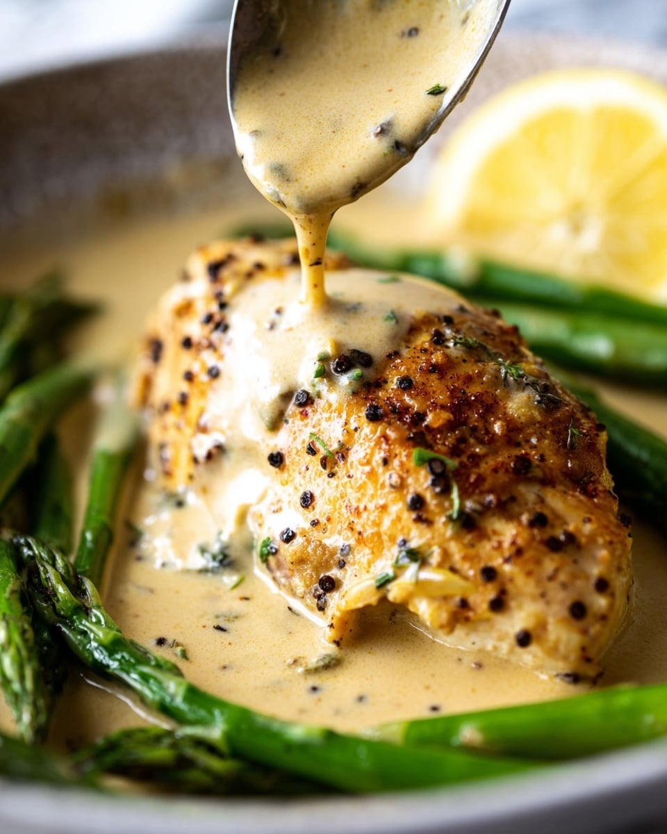 A close-up of a cooked piece of seasoned chicken with a golden brown top and small black spices scattered on it. The chicken lies in a creamy beige sauce with small bits of onion and pepper, being poured from a spoon above. Around the chicken, there are bright green asparagus stalks placed evenly. The dish is set on a white marbled texture, and a slice of lemon is visible in the background. Photo taken with an iphone --ar 4:5 --v 7