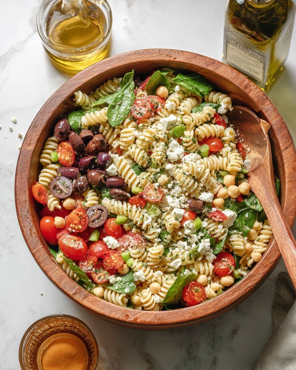 A large wooden bowl holds a fresh pasta salad with three main visible layers: the base layer consists of light cream-colored spiral pasta, topped with mixed bright green spinach leaves and chopped light green bell peppers; scattered among these are halved red cherry tomatoes, sliced dark purple olives, and small beige chickpeas. On top, there are small white cubes of cheese and a sprinkling of finely chopped herbs and grated cheese as garnish. A wooden spoon rests inside the bowl, partially covered by the salad. The bowl sits on a white marbled surface next to a bottle of extra virgin olive oil and a glass of amber liquid. Photo taken with an iphone --ar 4:5 --v 7