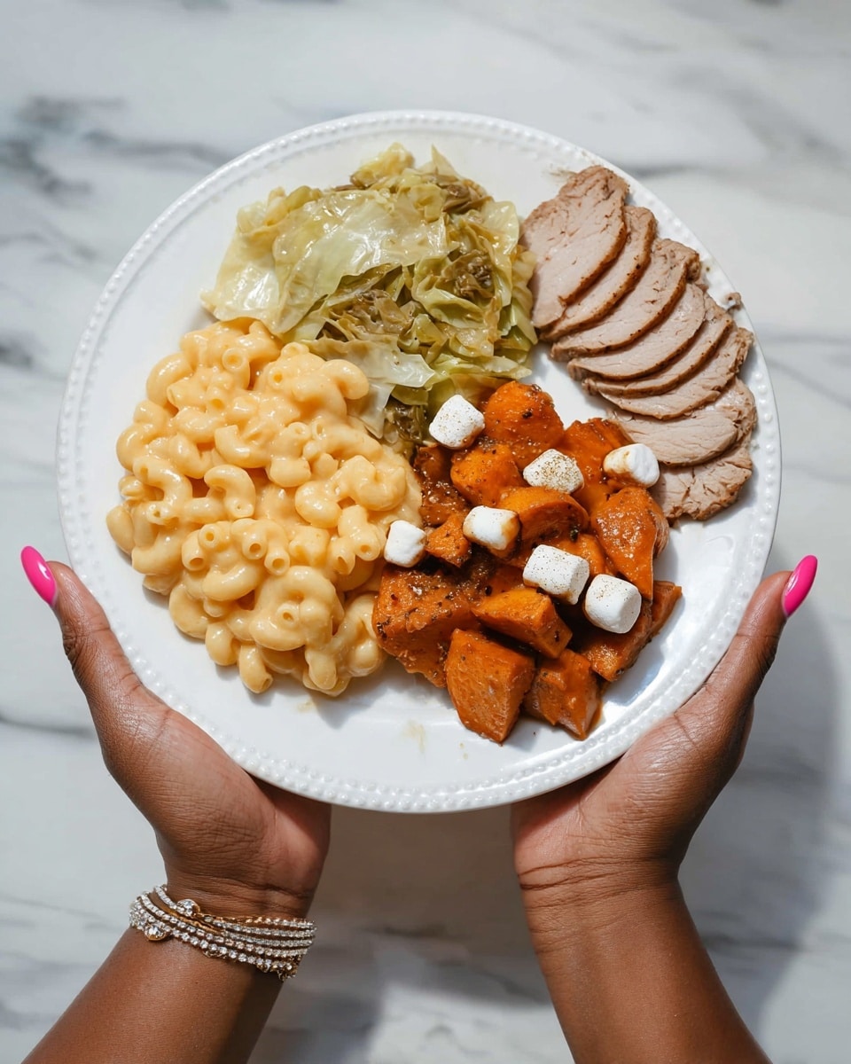 A white plate with four food items is held by two woman's hands with pink nails and bracelets, placed on a white marbled surface. On the top right, there are five slices of light beige cooked meat arranged neatly. Below the meat, light green cooked cabbage fills a small area. On the left side, a pile of creamy yellow macaroni and cheese is placed. In the bottom center, there are thick, orange-brown cooked sweet potato pieces topped with small white marshmallows and a dash of seasoning. Photo taken with an iphone --ar 4:5 --v 7