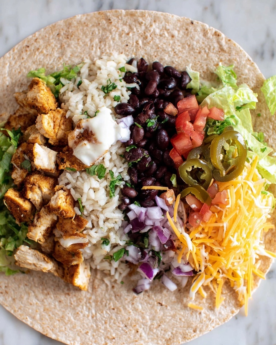 The image shows an open tortilla wrap with seven visible layers arranged horizontally. The bottom layer is a light brown whole wheat tortilla with a textured surface. On the far left, there is a white creamy sauce spread thinly. Next to it are pieces of cooked golden-brown chicken. Moving right, there is white rice mixed with small bits of green herbs and purple onion pieces. In the center, there is a cluster of black beans forming a dark shiny layer. To the right of the beans, there are chopped light green lettuce leaves mixed with some tomato chunks in red. Finally, on the far right side, there is shredded pale orange cheddar cheese and slices of green jalapeño peppers. The wrap is placed on a white marbled surface. Photo taken with an iphone --ar 4:5 --v 7