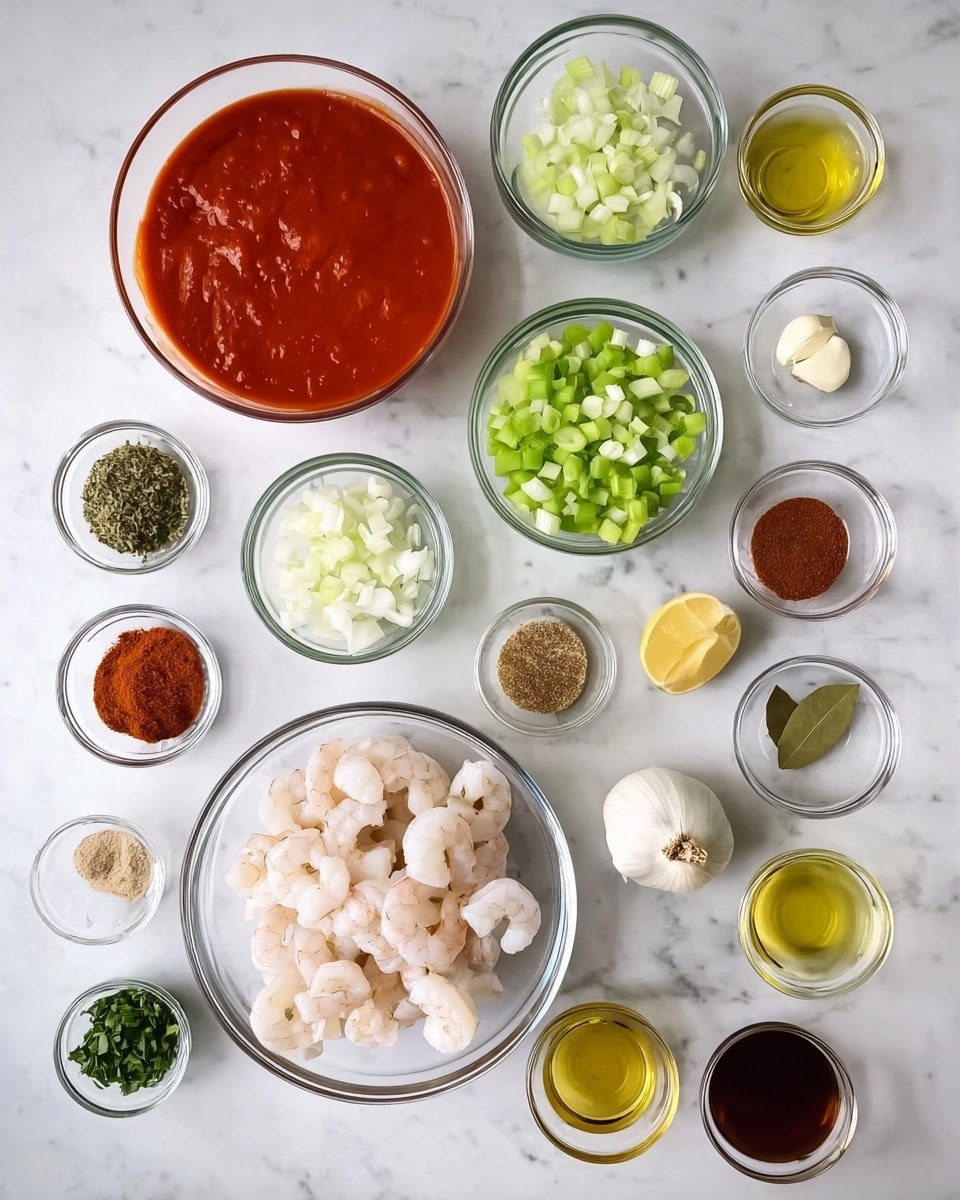 The image shows clear glass bowls arranged on a white marbled surface, each containing different ingredients for a recipe. In the bottom right, there is a large bowl with raw white shrimp. Above it, a round bowl holds bright red tomato sauce. To the left of the tomato sauce, there is a small bowl with green chopped celery. Above the celery, another bowl contains chopped white onions. To the right of the onions, a smaller bowl has diced green bell peppers. Around these main bowls, there are smaller bowls with various spices including red, brown, and green powders, whole garlic cloves, a bay leaf, lemon wedges, finely chopped green herbs, and small portions of oils and liquids with golden, amber, and dark brown shades. All bowls are transparent glass, and the colors of the ingredients stand out clearly against the white marbled surface. Photo taken with an iphone --ar 4:5 --v 7