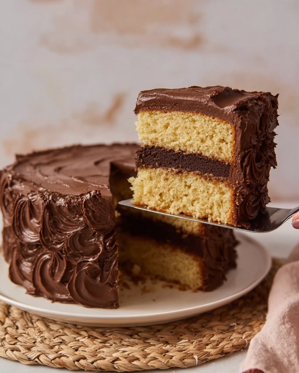The image shows a two-layer round cake with light yellow sponge layers separated by a thick, smooth dark chocolate frosting layer. The outside and top of the cake are covered with thick, textured dark chocolate frosting, creating swirled patterns. A slice is being lifted from the cake by a woman's hand holding a cake server, showing the inside layers clearly. The cake sits on a white plate placed on a woven mat with a soft beige background and a white marbled surface beneath the plate. photo taken with an iphone --ar 4:5 --v 7