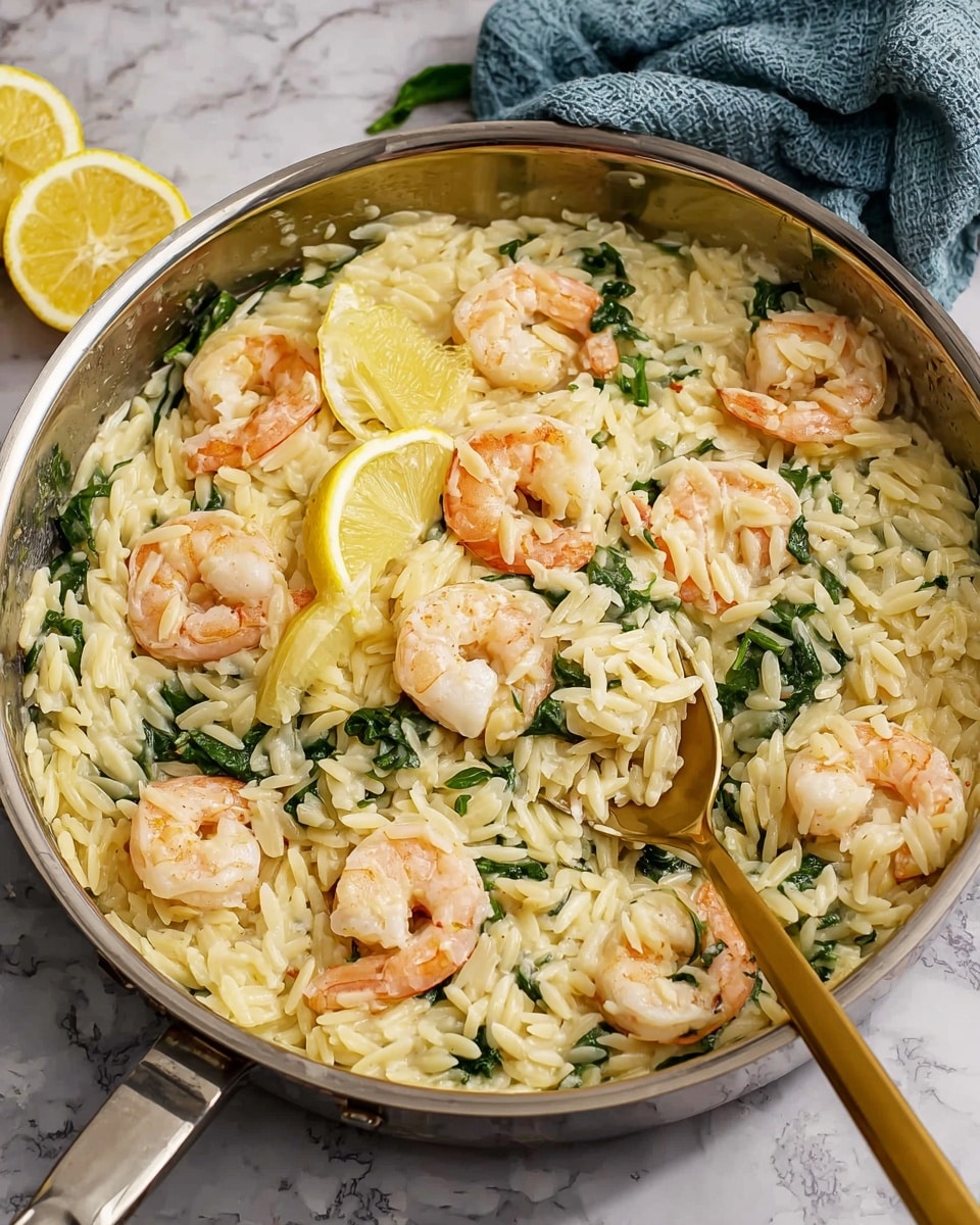 A silver frying pan on a white marbled surface holds a creamy orzo pasta dish. The first layer is soft, pale yellow orzo grains mixed with small pieces of green spinach leaves scattered around. On top lay several large, plump, pink shrimp with slight orange shades, evenly spaced. Two thin, bright yellow lemon slices sit on the left side of the pan. A gold spoon with orzo and one shrimp is placed on the right side inside the pan, adding a reflective shine. A soft blue cloth is seen in the background. Photo taken with an iphone --ar 4:5 --v 7