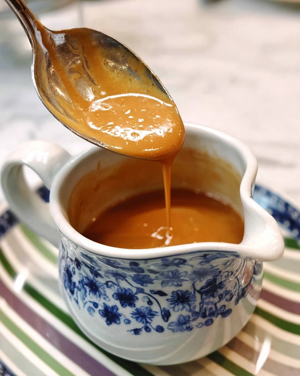 A close-up image showing a silver ladle dripping thick, light brown sauce into a white ceramic pitcher with a blue floral pattern inside rim. The sauce has a smooth texture and shines under the light. The pitcher rests on a white plate with green and purple stripes, all placed on a white marbled surface. photo taken with an iphone --ar 4:5 --v 7