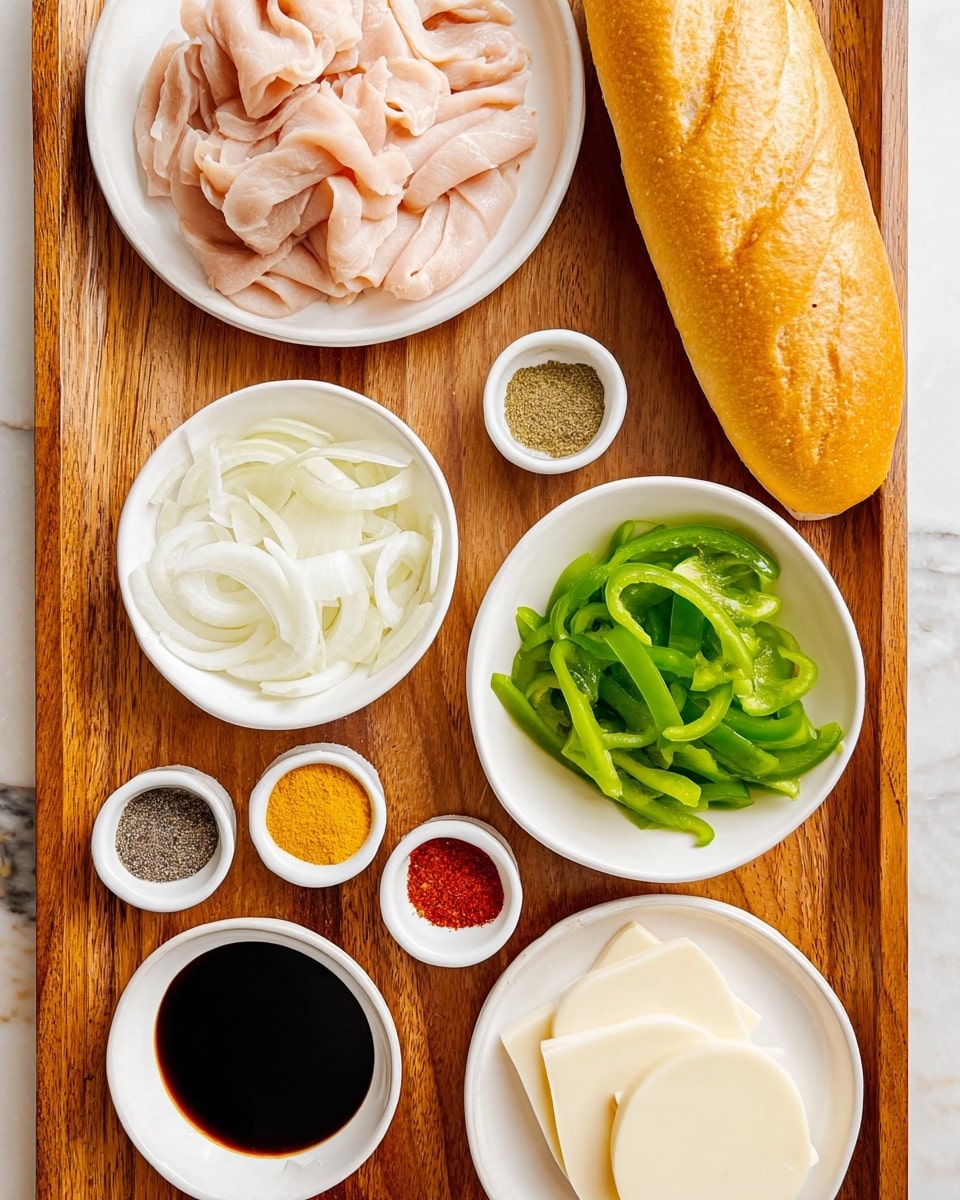 The image shows a wooden tray with six white bowls and a white plate arranged neatly. At the top left, there is a white plate full of thin, peeled slices of raw meat in light pink color. To its right, there is a white long bread roll with a golden crust, placed directly on the tray. Below the plate of raw meat, a white bowl contains thin, white sliced onions. Next to it, on the right, another white bowl is filled with bright green sliced bell peppers. Below these, there is a white bowl with five differently colored spice piles arranged in a circle—light yellow, green, black, white, and red. At the bottom left, two smaller white bowls contain dark sauces. Finally, the lower right corner holds a white plate with a small stack of light cream-colored round slices, possibly cheese. All items rest on a warm wooden tray that sits on a white marbled surface. Photo taken with an iphone --ar 4:5 --v 7