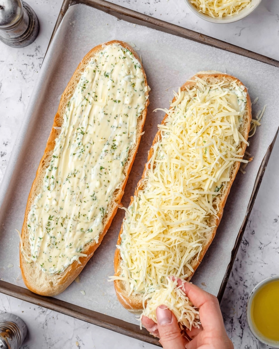The image shows two long slices of bread placed side by side on a baking tray lined with white parchment paper. Each bread slice has a thick layer of a creamy white sauce with green herbs mixed in, spread evenly across the surface. On top of the sauce, a layer of shredded pale yellow cheese is scattered, covering almost the entire slice. A woman's hand is visible in the lower right corner, holding some shredded cheese, about to sprinkle it on the bread. The background surface has a white marbled texture with a pepper grinder and a small dish with yellow liquid nearby. Photo taken with an iphone --ar 4:5 --v 7