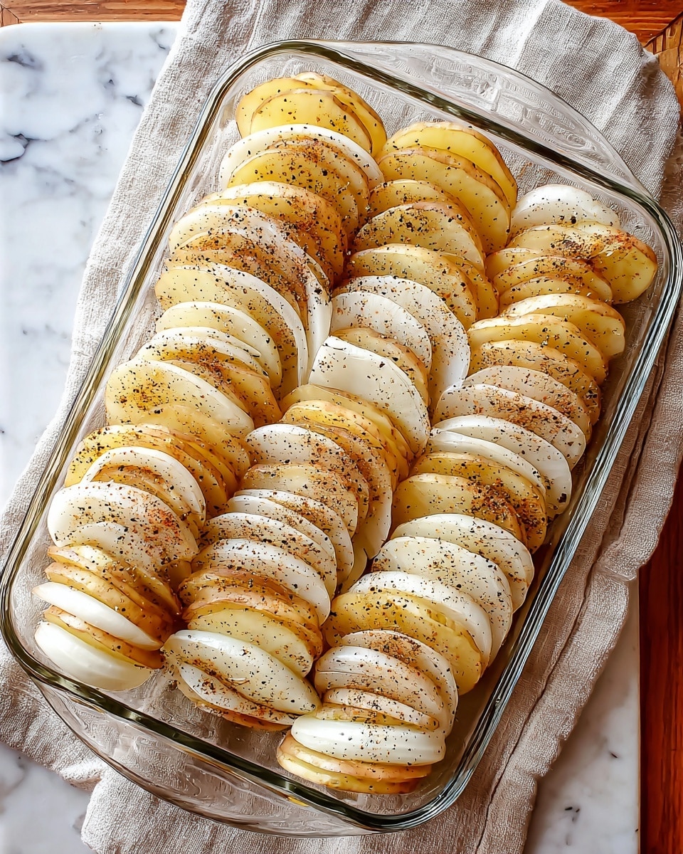 The image shows a clear square glass dish filled with four neat rows of thinly sliced potatoes and onions arranged vertically. Each row alternates slices of golden-yellow potato and white onion, standing upright and slightly overlapping each other. The layers have a light sprinkle of black pepper and some seasoning on top, creating small dark specks over the pale slices. The dish is placed on a white marbled surface with a folded beige cloth underneath. Photo taken with an iphone --ar 4:5 --v 7