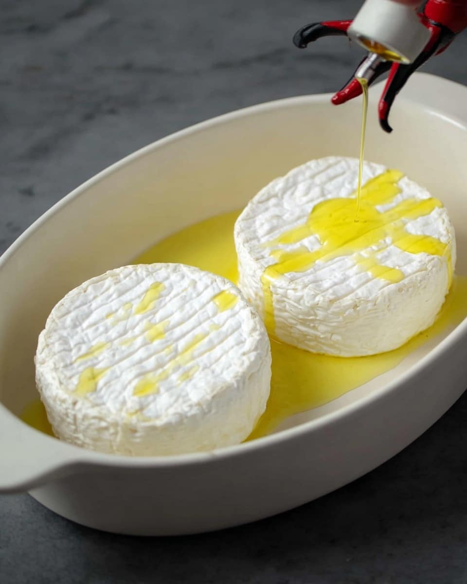 Two round wheels of soft white cheese with textured tops and slight cracks sit side by side in a white oval dish. One wheel is plain, showing creamy white surface with faint lines, while the other wheel is being drizzled with bright yellow oil from above, creating shiny streaks over its surface. The dish has smooth curved edges and sits on a dark, smooth white marbled surface. Photo taken with an iphone --ar 4:5 --v 7
