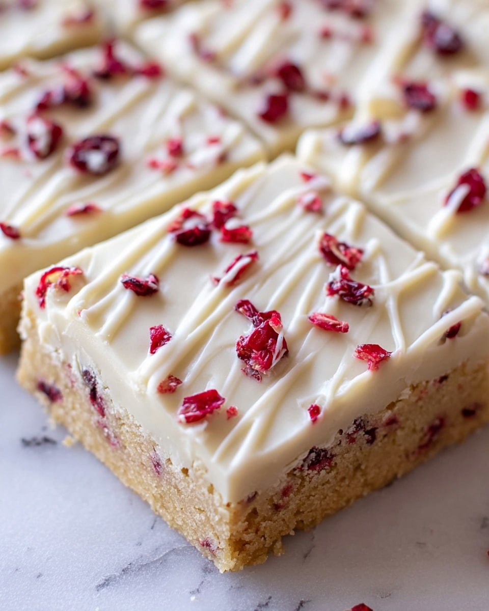 A close-up image of a square dessert bar with two layers on a white marbled surface. The bottom layer is a light golden cookie base with a slightly rough texture and small pieces of cranberries embedded within it. The top layer is a smooth, creamy white chocolate coating, unevenly spread with visible swirls and drizzles of white chocolate on top. Small red dried cranberry pieces are scattered across the entire surface, adding pops of color against the white chocolate. The edges are slightly rough and rustic. Photo taken with an iphone --ar 4:5 --v 7