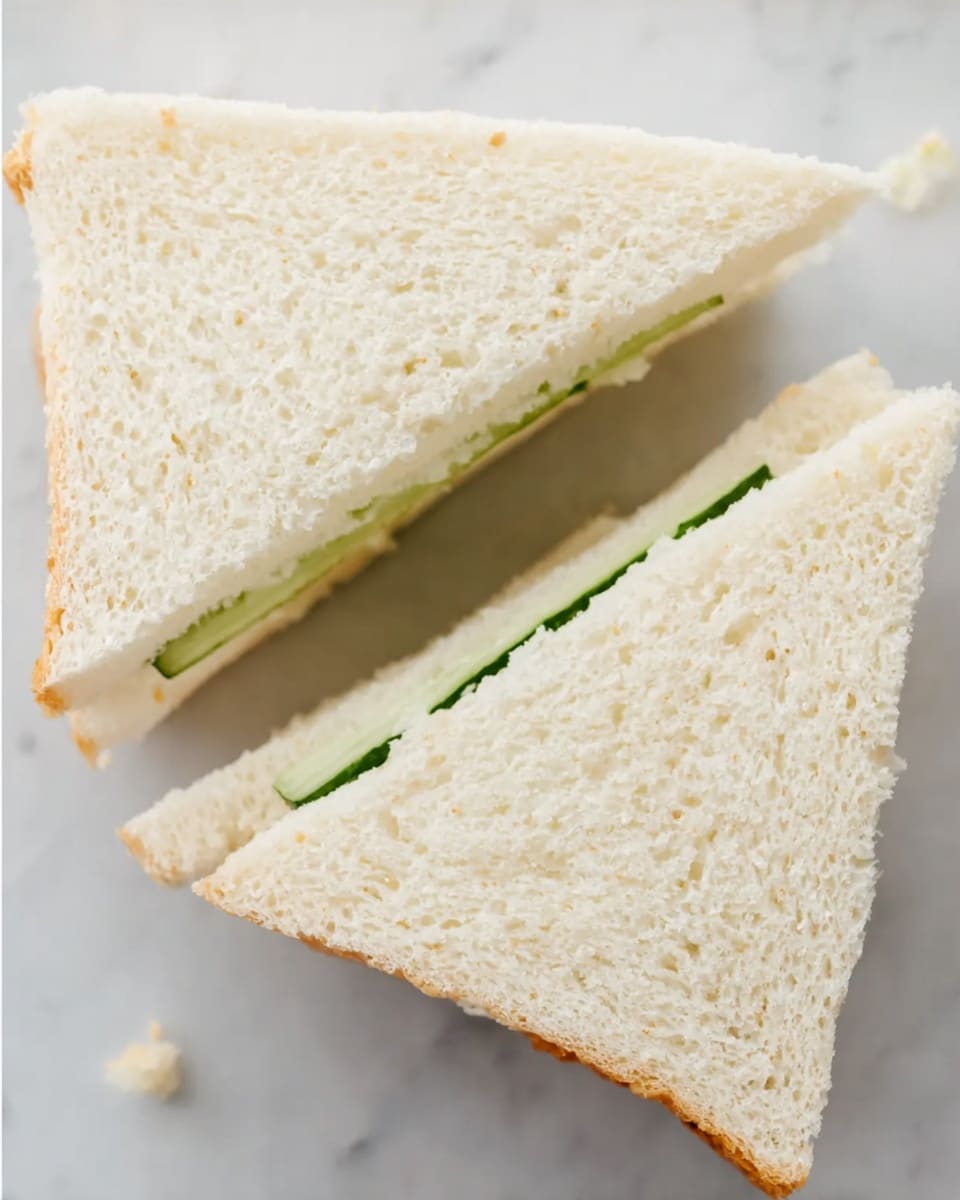 Two triangular sandwich pieces lie side by side on a white marbled surface. Each sandwich is made of two layers of soft, white bread. Between the bread layers, there is a thin, light green filling visible near the edges, likely cucumber or similar vegetable, with a smooth texture. The bread's surface shows a few small air holes and a soft, fluffy texture. The top sandwich piece is slightly tilted to the right, and a few crumbs are scattered around the sandwiches. photo taken with an iphone --ar 4:5 --v 7