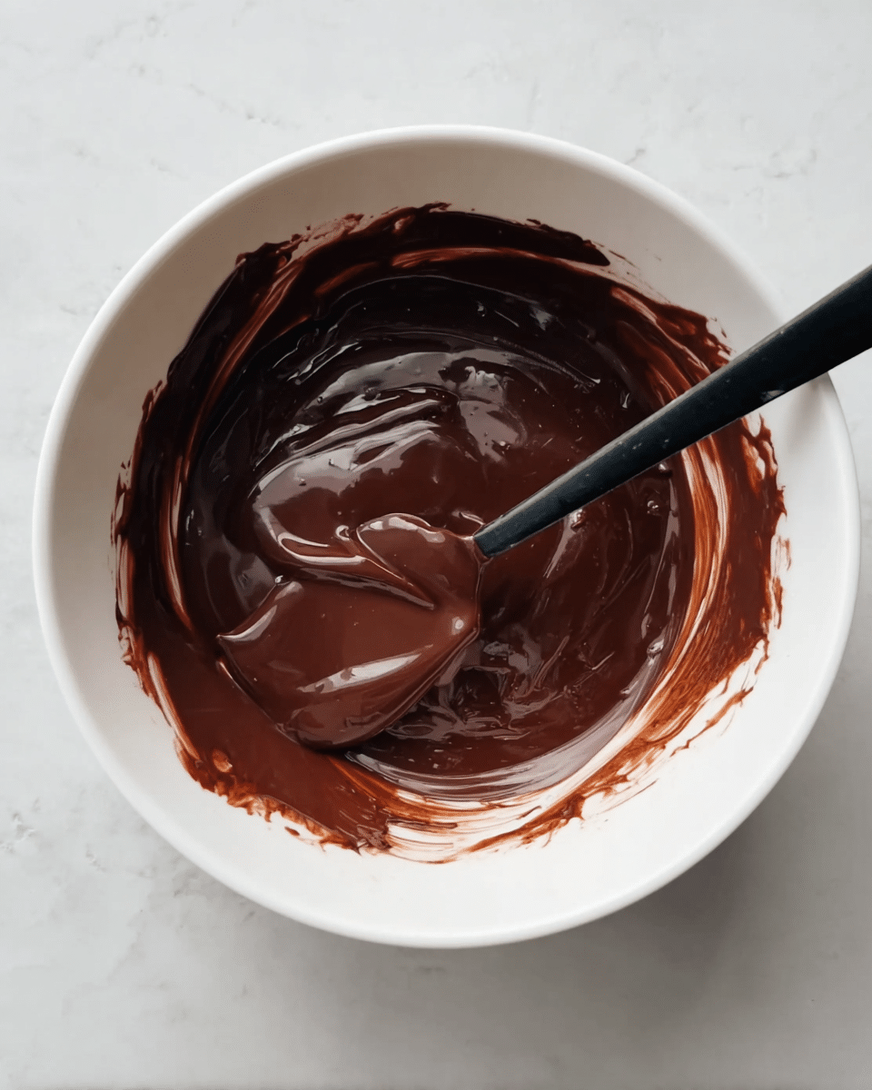 A white bowl filled with one smooth, thick layer of shiny dark brown chocolate mixture, with a black spoon partially dipped inside showing the glossy texture. The edges of the bowl have some chocolate spread lightly, creating a messy but natural look. The bowl is placed on a white marbled surface. photo taken with an iphone --ar 4:5 --v 7