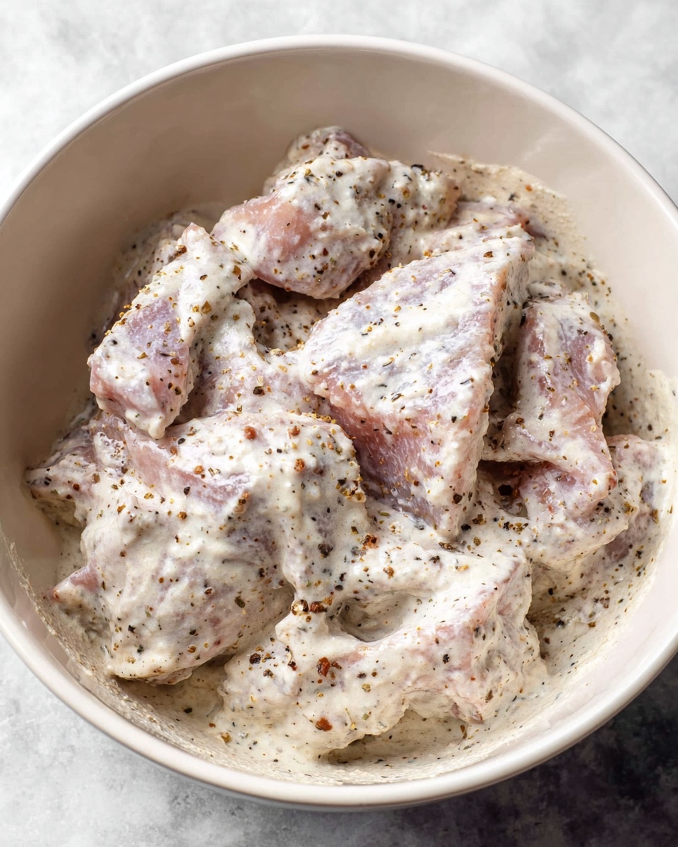 A white bowl filled with several pieces of raw meat covered in a thick, creamy white sauce with visible black pepper and spice seeds mixed in. The sauce coats the uneven edges of the pinkish meat, creating a textured surface with a mix of smooth and grainy areas. The bowl sits on a white marbled surface. photo taken with an iphone --ar 4:5 --v 7